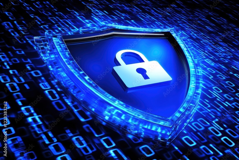 Poster a shield with an open lock icon on it, surrounded by binary code in blue tones, symbolizing digital 