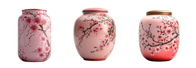 Three decorative vases, each adorned with cherry blossom designs and varying in shape and lid style, are isolated on a transparent background.