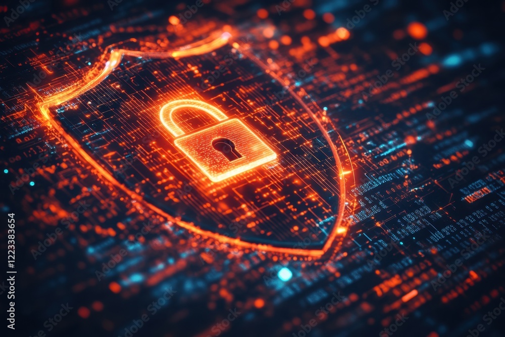 Poster a shield with a padlock icon on a binary code background, symbolizing data security and protection f