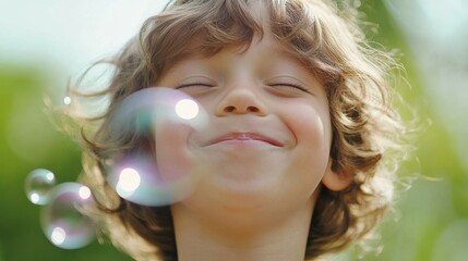 Joyful caucasian child enjoying nature with bubbles on a sunny day