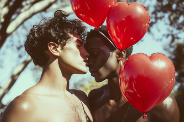 Portrait of affectionate biracial gay couple.