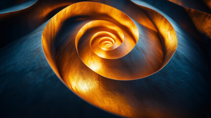 Abstract golden spiral with textured surface and blue highlights