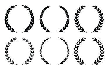 Circular laurel wreath set. Emblem floral, Greek branch of oak leaves, eucalyptus leaf, Wheat, winner award, champion and flower vector