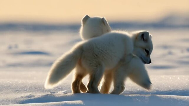 Medium close up shot of a two polar foxes kits fighting.
