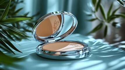 Elegant Makeup Compact with Reflective Surface and Natural Lighting