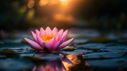 Serene pink water lily floating on a tranquil pond at sunset