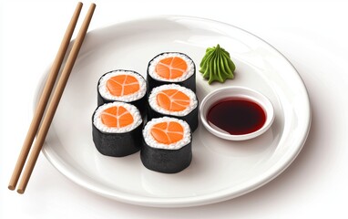Realistic 3D icon cartoon of a plate of sushi rolls with chopsticks, soy sauce, and a wasabi dollop