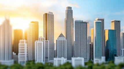 Fototapeta premium Golden Hour Cityscape: A Stunning View of Modern Skyscrapers at Sunrise or Sunset