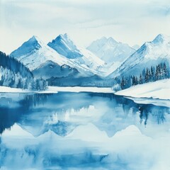 Serene winter lake reflecting snow-capped mountains; peaceful landscape for travel brochures