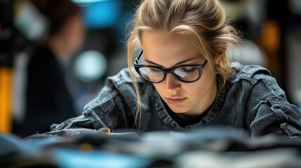 Focused Young Woman with Glasses Studying in a Busy Cafe Setting