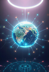 Flying earth network interface 3D rendering, glowing neon, with white tones
