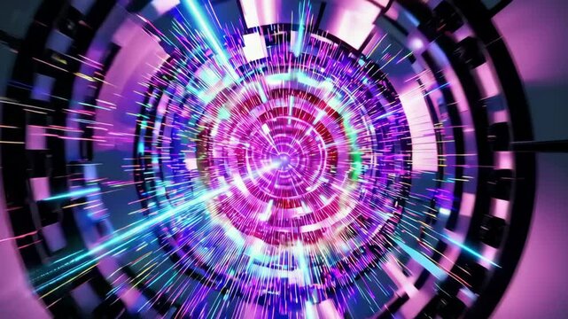 A particle accelerator visualizing subatomic particles colliding in a dramatic light show