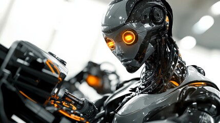 A robot operator managing machinery in an automotive plant, futuristic and precise, isolated on white,