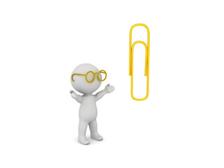 3D Character with glasses looking at gold paper clip