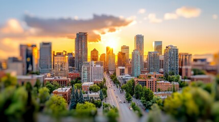 Obraz premium Golden Hour Cityscape: A Miniature Urban Paradise at Sunset