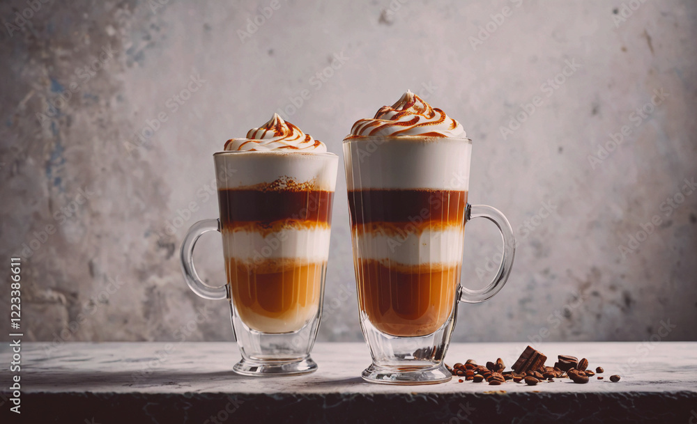 Poster two cups of coffee with whipped cream on top. the cups are placed on a table. the whipped cream on t