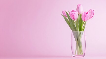 Vibrant Tulips In Glass Vase On Light Pink Background