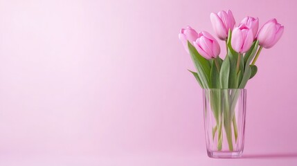 Vibrant Pink Tulips Beautifully Arranged In Glass Vase.