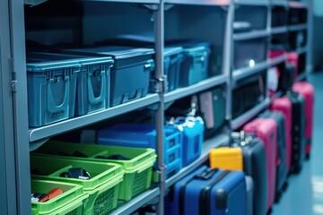 Fototapeta premium Organized shelves display colorful luggage and storage bins, showcasing an efficient storage solution for travel gear and personal items.