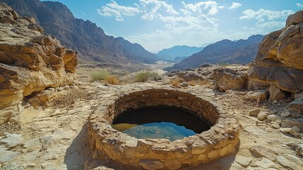 An ancient well amid a huge, rocky desert landscape 