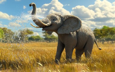 Obraz premium Realistic 3D icon cartoon of an elephant spraying water with its trunk, on a grassy savanna