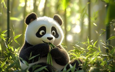 Obraz premium Realistic 3D icon cartoon panda eating bamboo in a serene bamboo forest