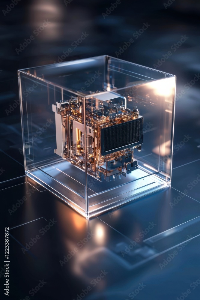 Poster innovation management, a transparent cube encapsulates a complex, illuminated device, showcasing int