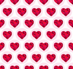 Seamless pattern. Geometric shapes. Abstract motifs. Red diamond low poly faceted hearts. Pink circles. Modern style. Romantic theme. For fabric print, wrapping paper, wallpaper, background.