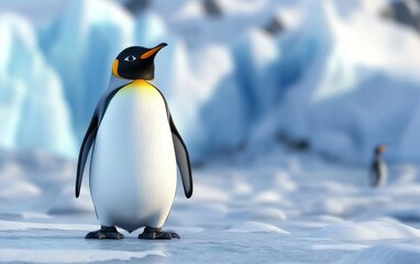 Naklejka premium Realistic 3D icon cartoon penguin standing on icy terrain with a backdrop of glaciers