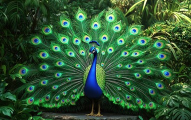 Obraz premium Realistic 3D icon cartoon peacock displaying its feathers in a tropical garden