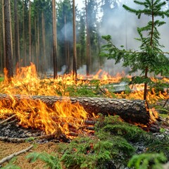 Flames engulf the forest as a wildfire spreads rapidly, consuming trees and underbrush. Smoke rises in the air, creating a dense haze above the burning landscape