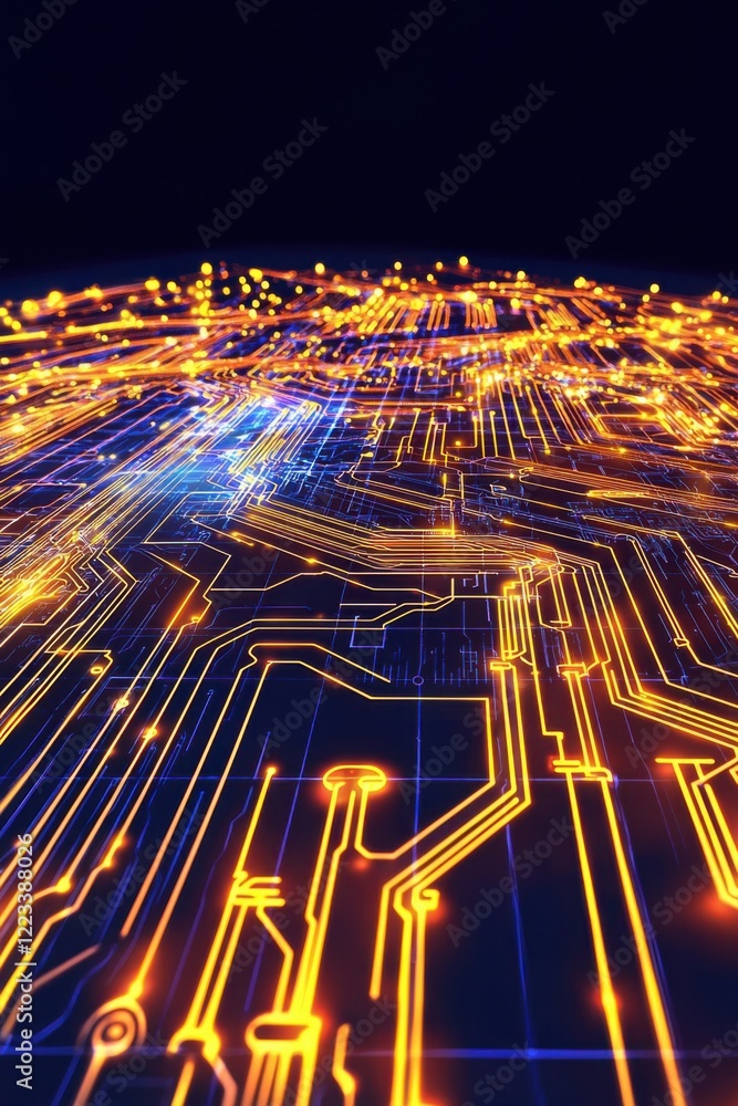 Poster innovation management, a vibrant circuit board landscape illuminated with glowing lines and patterns