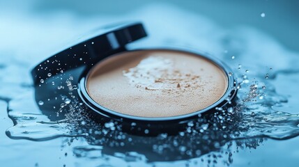Close-Up of Makeup Compact in Splashing Water on Blue Background