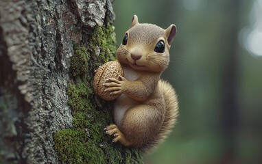 Obraz premium Realistic 3D icon cartoon squirrel holding a nut on a mossy tree trunk