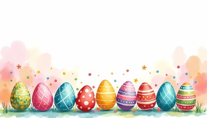 Colorful decorated Easter eggs with festive background.