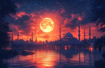 Vibrant Artwork of Mosque Silhouette with Large Moon and Reflection Over Water at Dusk

