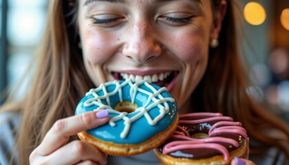 Naklejka premium Smiling woman enjoying colorful donuts in a café.