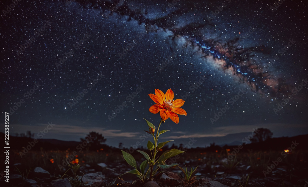 Poster a single orange flower is in the middle of a field of rocks. the sky is dark and starry, with a larg