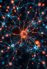 Artificial neural network visualized as a complex web of glowing synapses and digital neurons in a dynamic display, digital art, with white tones