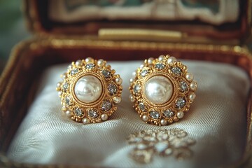 Elegant Pearl and Gold Vintage Earrings with Intricate Design in Antique Jewelry Box