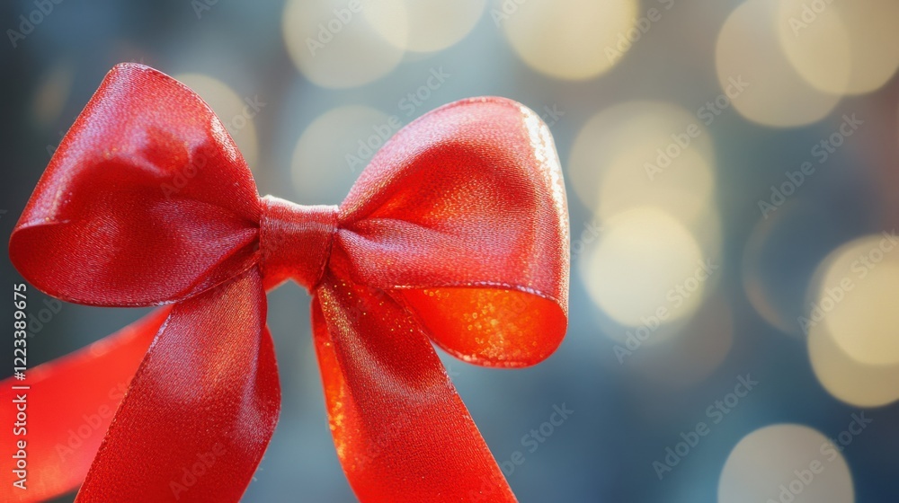 Poster shiny red ribbon bow against a soft bokeh background