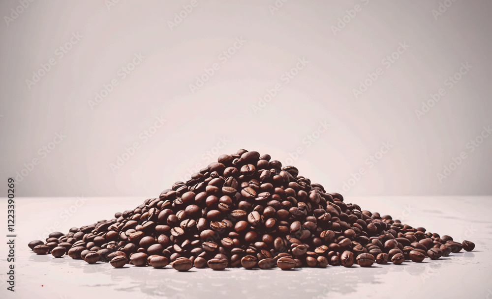 Poster a pile of coffee beans on a table. the beans are of different sizes and are spread out