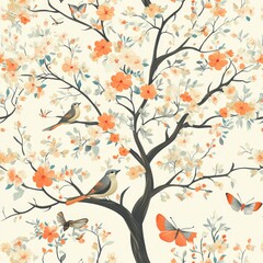 Blooming tree with birds and butterflies, spring garden, nature pattern, fabric design