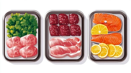 A vector illustration featuring decorative elements of frozen fresh fish and meat products, packaged for a supermarket display. 