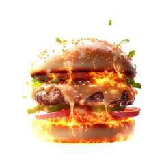 Fluffy 3D Cartoon Burger with Glowing Layers and Flames Isolated on Transparent Background
