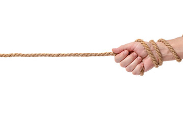 Man hand holding rope on white background. Isolated.