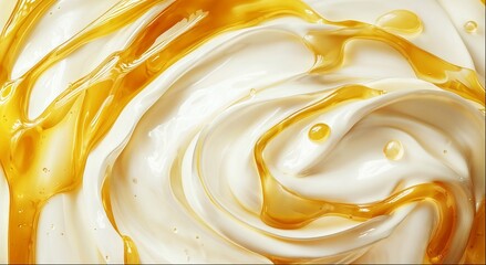 Yogurt swirl with honey close up, whipped cream texture, top view background