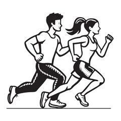 A black silhouette illustration of a couple dancing and running, showcasing athletic movement and energy in a dynamic sports and fitness scene