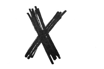 Black crayon letter x on white background, hand drawn illustration.