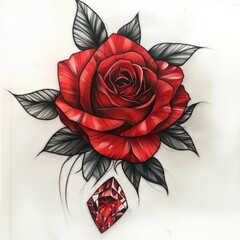 Crimson Rose with Black Leaves and a Red Diamond on a White Background Ink Drawing
